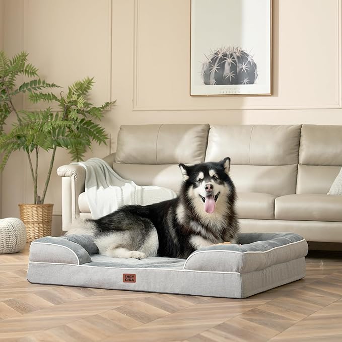 EHEYCIGA Orthopedic Dog Beds for Extra Large Dogs, Waterproof Memory Foam XXL Pet Bed with Sides, Non-Slip Bottom and Egg-Crate Foam Big Dog Couch Bed with Washable Removable Cover, Grey-PurrikoPets