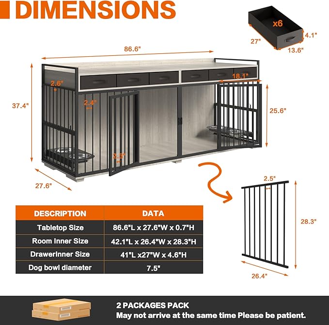 86.6inch Dog Crate Furniture with Storage,Furniture Style TV Stand Dog Kennel for 2 Dogs,with 6 Drawers,Removable Divider&Adjustable Bowls,Heavy Duty Metal Chew-Resistant Dog Crate Furniture-PurrikoPets