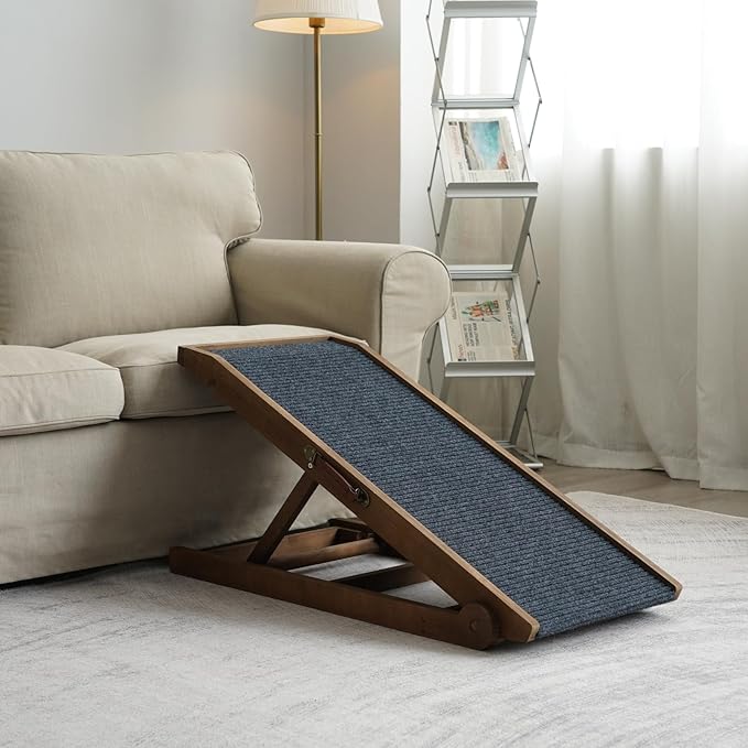 Dog Ramp for Bed Couch - Pet Steps Stairs to Get on Bed Couch 11.8"-19.6" High for Small or Large Dog Up to 200 lbs, Adjustable Wooden Dog Ramp Steps Foldable Portable, Anti-Slip Carpet (Brown)-PurrikoPets