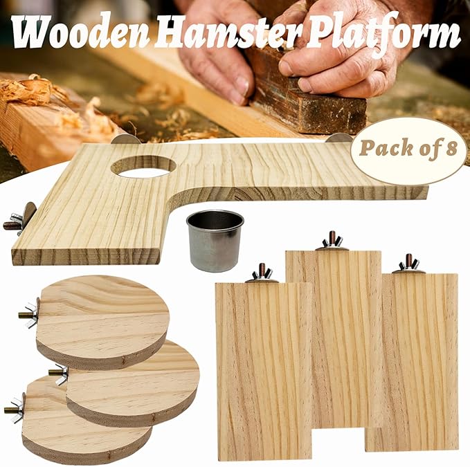 8 Pcs Wooden Hamster Cage Platform Set Wood Juvenile Chinchilla Shelves, Squirrel L-Shape Corner Ledge with Hole Cooling Standing Board Rat Cage Accessories for Gerbil Small Animal Climbing-PurrikoPets