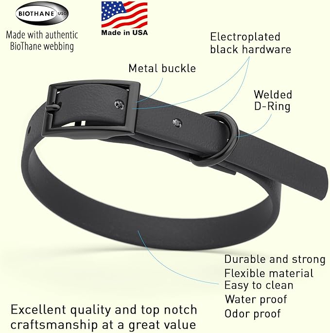 Dogline Biothane Waterproof Dog Collar Strong Coated Nylon Webbing with Black Hardware Odor- Proof for Easy Care Easy to Clean High Performance Fits Small Medium or Large Dogs, Black-PurrikoPets
