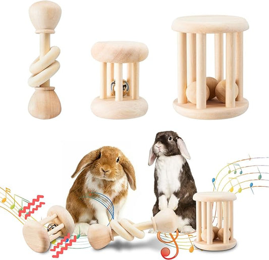 3 Pcs Wooden Bunny Toys - Safe Rabbit & Guinea Pigs Teeth Grinding Toys for Chinchillas, Hamsters & Small Animals - Indoor & Outdoor-PurrikoPets