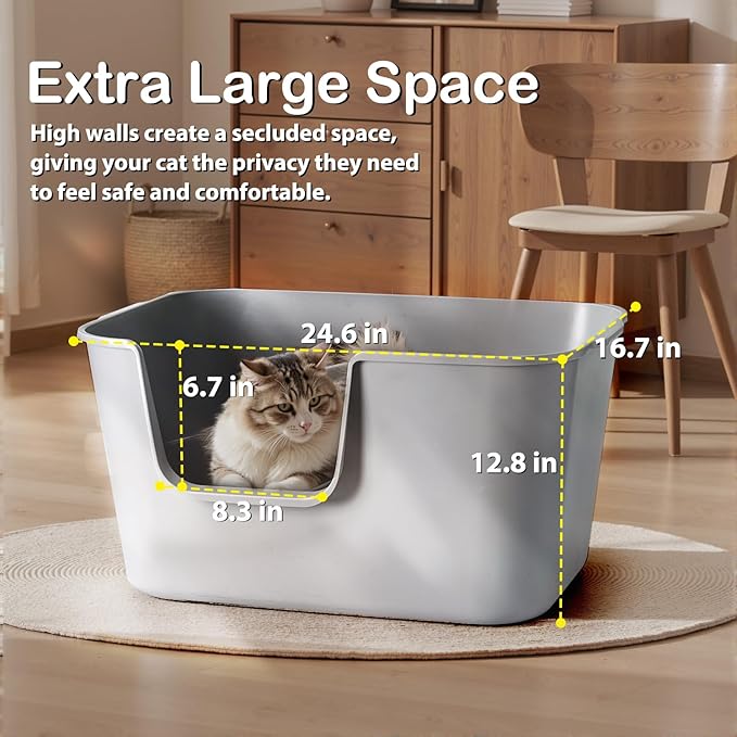 Extra Large Cat Litter Box with High Sides - Splash-Proof Design for Big Cats & Multi-Cat Homes, 24.6in x 16.7in x 12.8in (Gray)-PurrikoPets