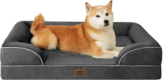 EHEYCIGA Orthopedic Dog Beds for Large Dogs, Waterproof Memory Foam Large Pet Bed with Sides, Non-Slip Bottom and Egg-Crate Foam Dog Couch Bed with Washable Removable Cover, Dark Grey-PurrikoPets