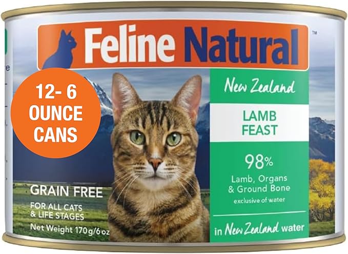 Feline Natural New Zealand Canned Catfood Wet Food, High-Meat, Low-Carb, & Grain Free Cat Food Wet, Lamb Feast, 6 oz, Pack of 12-PurrikoPets