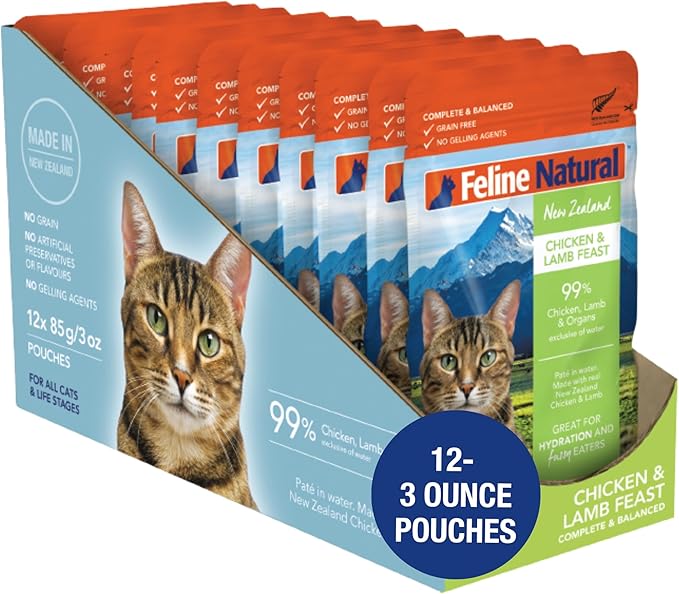 Feline Natural Wet Cat Food Pouch - Chicken & Lamb Feast, Grain-Free, Cage-Free & Grass-Fed, New Zealand Made, Single Serve Pate, 3oz, 12 Pack-PurrikoPets