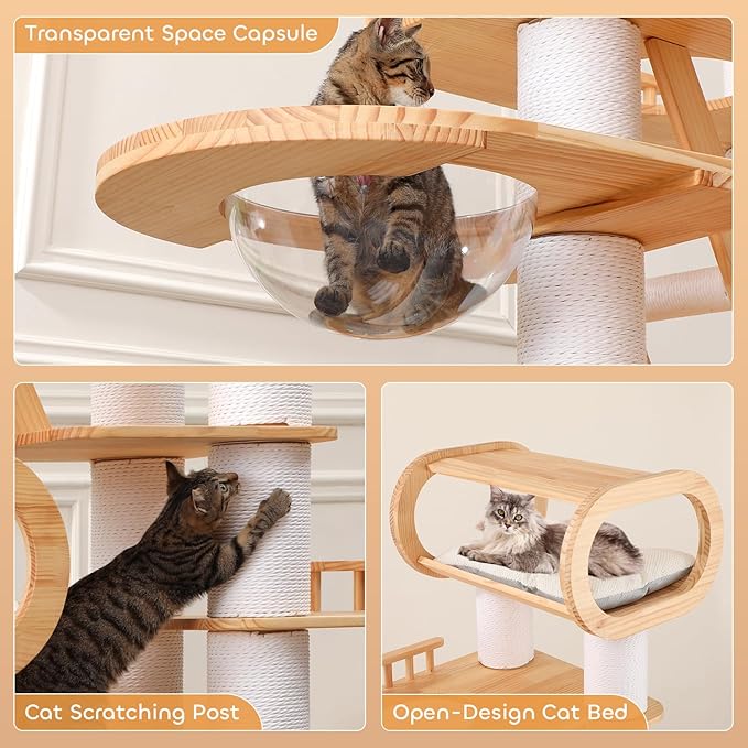 76.8'' Modern Cat Tree for Indoor Cats, Tall Wooden Cat Tower for Home Decoration, Multi-Level Tower with Transparent Cat Bed, Huge Cat Condo for Multi-Cat Families-PurrikoPets
