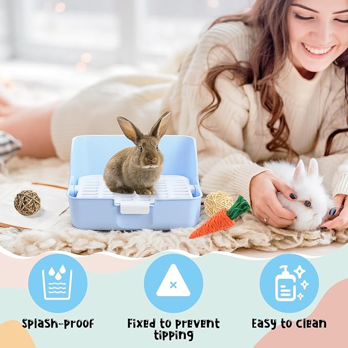 15 Pcs Rabbit Starter Kit Small Rabbit Litter Box Animal Grooming Kit Bunny Toys Bowl Blankets with Cleaning Set for Guinea Pig Accessories(Candy Blue)-PurrikoPets