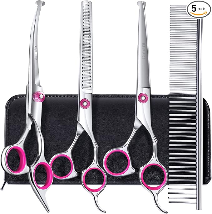 Gimars Dog Grooming Scissors Kit Professional 4CR with Safety Round Tip, 5 in 1 Heavy Duty Titanium Coated Thinning & Curved & Straight Shears-PurrikoPets