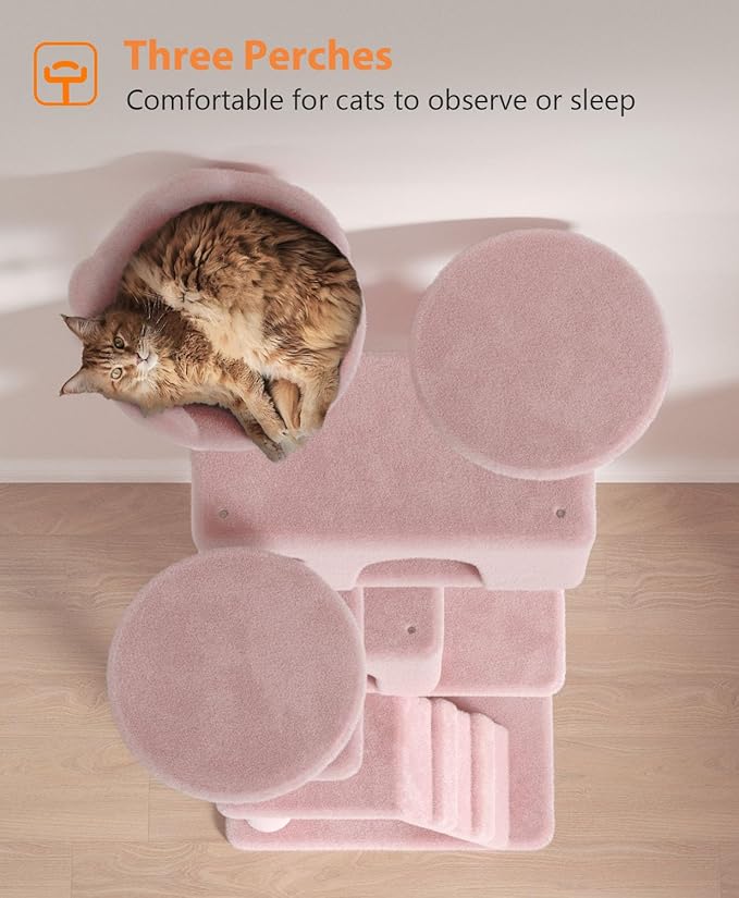 54" Cat tree Tower for Indoor Cats Large Adult,Cute/Tall Modern Cat Tree for Big Cats 20 lbs,Plush Multi-Level Cat Condo with Scratching Posts, Dangling Ball for fun play (Soft Pink, 54 inch)-PurrikoPets