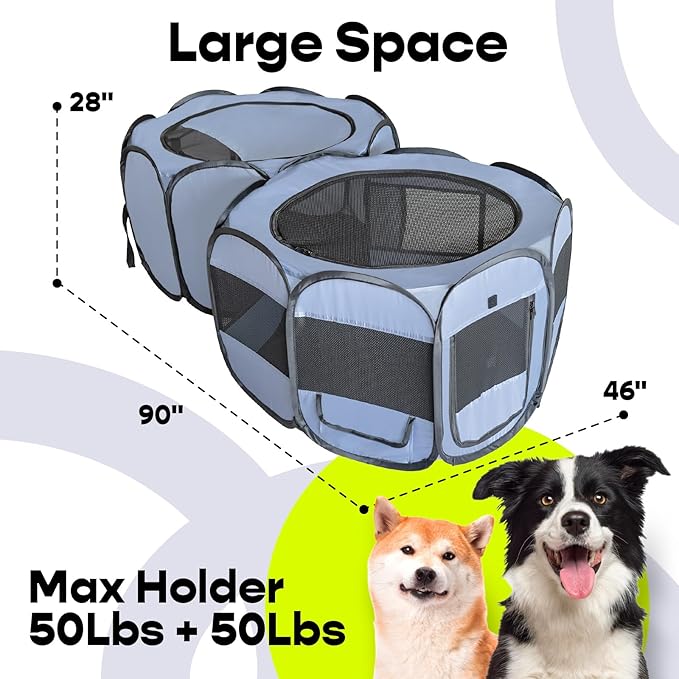 EighteenTek XLarge 2-in-1 Pop up Dog Playpen, Assembly-Free, with Leakproof Pet Pee Pads,Portable Foldable Cat Tent Enclosure Indoor Outdoors Puppy Kittens Small Animals Crates (L, 90" Lx45 Wx28 H)-PurrikoPets