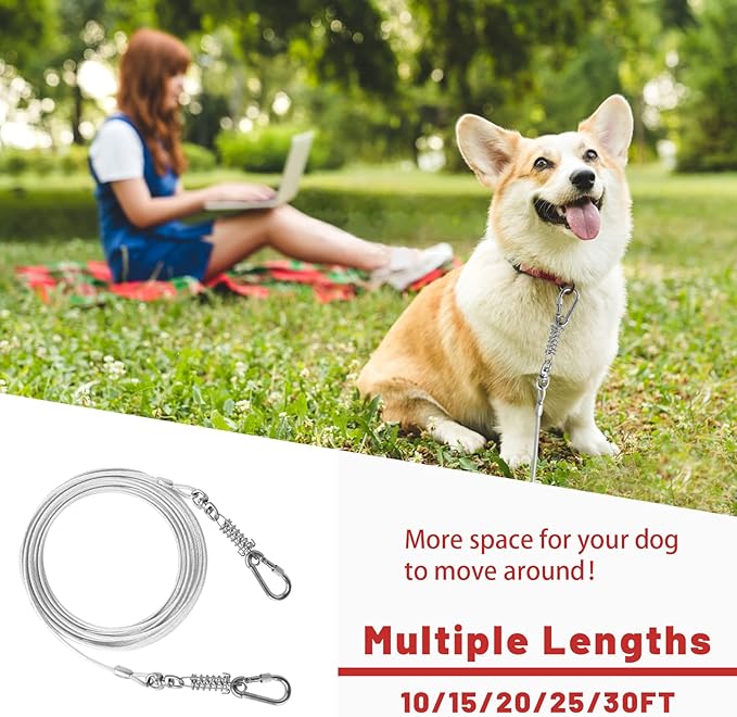 Dog Tie Out Cable 10/15/20/25/30FT Dog Run Cable Rosy Pink/Blue/Purple/Silver/Red/Green/YellowTie Out Cable for Large Dogs Heavy Duty for Outside Hold Large Dogs Up to 250LBS-PurrikoPets