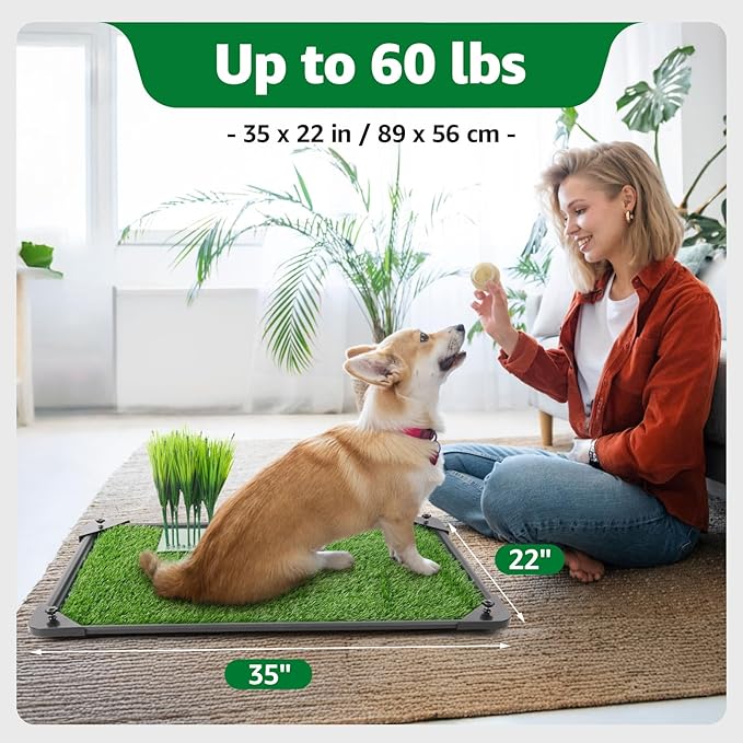 Dog Grass Pad with Tray - 35''x23'' Dog Litter Box Indoor Outdoor Full Potty System, Artificial Grass Patch Mat and Washable Pee Pad for Puppy Training - Pet Toilet for Balcony Patio-PurrikoPets