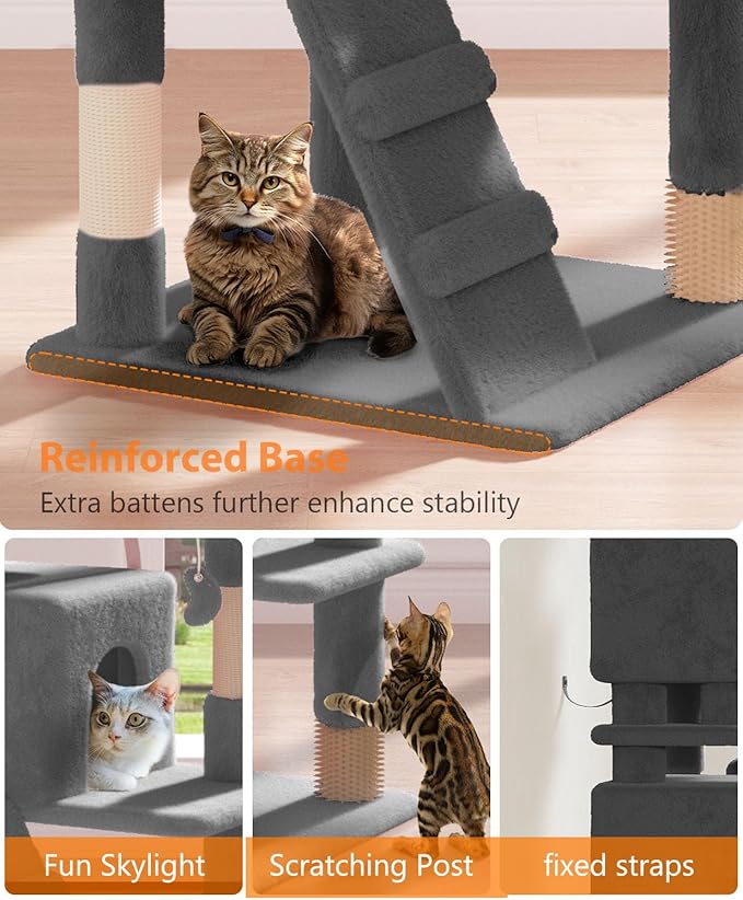 77'' Cat Tree Tower for Indoor Cats Large Adult, Cute/Tall Modern Cat Tree for Big Cats 20 lbs, Plush Multi-Level Cat Condo with Scratching Posts, Dangling Ball (Smoky Gray, 77 inch)-PurrikoPets