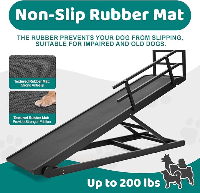 Dog Ramp for Bed, Adjustable Pet Ramps for Dog to Get on Bed, Non-Slip Rubber Surface - Folding Wooden Dog Ramp for Small/Large/Old Dogs, Adjustable up to 31 inch High Beds, Safety Railings-PurrikoPets