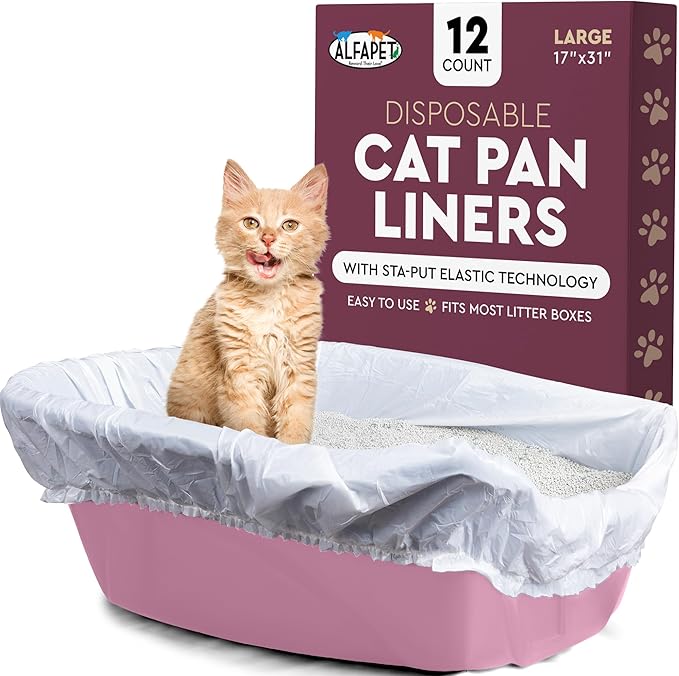 Alfapet Elastic Cat Litter Box Liners - Large 12 Count - Tear-Resistant Cat Litter Bags - Waterproof Kitty Litter Liners - Fits Litterbox Pan Sizes Medium and Large, 31" x 17", 20 lb Capacity-PurrikoPets