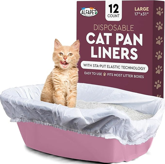 Alfapet Elastic Cat Litter Box Liners - Large 12 Count - Tear-Resistant Cat Litter Bags - Waterproof Kitty Litter Liners - Fits Litterbox Pan Sizes Medium and Large, 31" x 17", 20 lb Capacity-PurrikoPets