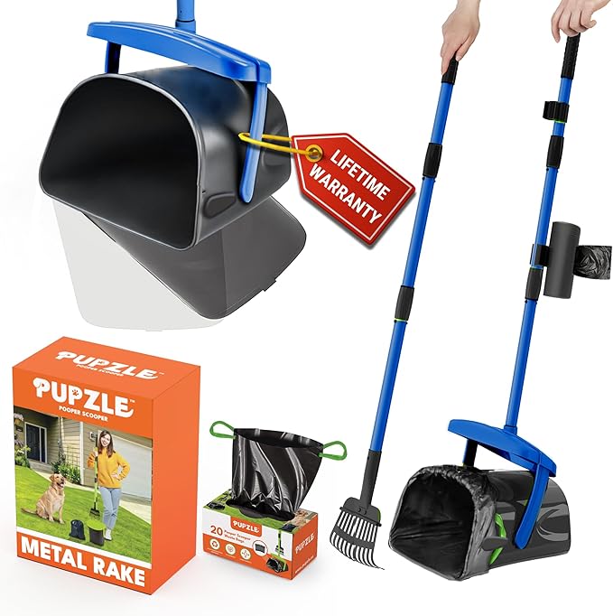Dog Pooper Scooper with Bag Attachment, 40" Long Handle Pooper Scooper for Large Dogs, Dog Poop Scoop for Yard, Large Capacity Swivel Bin and Rake, Lavender Scented Bags (Blue)-PurrikoPets