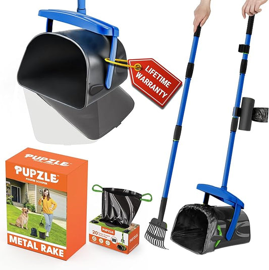 Dog Pooper Scooper with Bag Attachment, 40" Long Handle Pooper Scooper for Large Dogs, Dog Poop Scoop for Yard, Large Capacity Swivel Bin and Rake, Lavender Scented Bags (Blue)-PurrikoPets