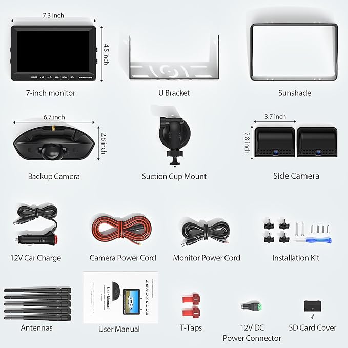 3-Camera Wireless RV Backup Camera System with 7-Inch Monitor, 1 Rear Sharkfin, 2 Side Cameras, DVR Monitor & IR Night Vision, IP69K Waterproof, Compatible with Furrion Pre-Wired RV Trailer-PurrikoPets