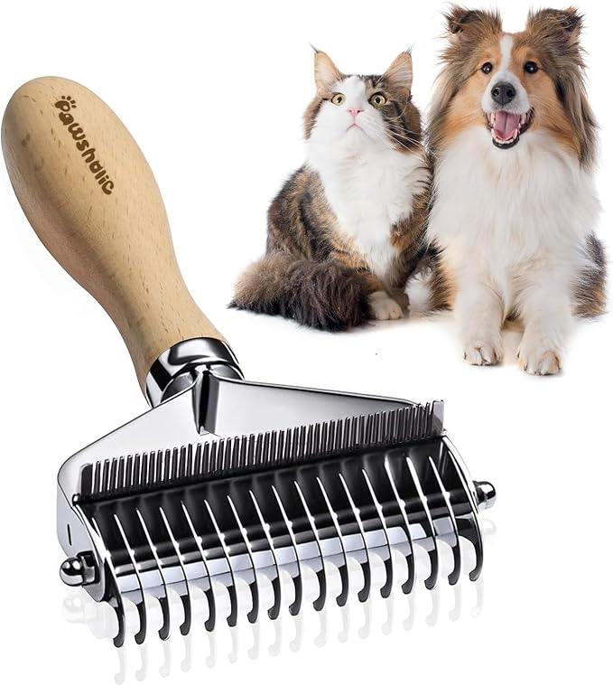 3-in-1 Professional Pet Shedding Dematting Comb - Deshedding Undercoat Rake for Dogs with Stainless Steel Blades Metal Pet Brush with Wood Handle Matted Hair Detangling Thinning and Shedding-PurrikoPets