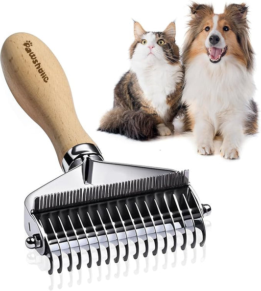 3-in-1 Professional Pet Shedding Dematting Comb - Deshedding Undercoat Rake for Dogs with Stainless Steel Blades Metal Pet Brush with Wood Handle Matted Hair Detangling Thinning and Shedding-PurrikoPets