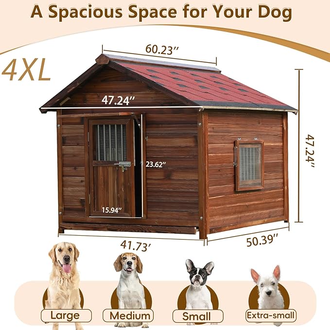 Dog House Outdoor, Solid Pine Wood Dog House with Waterproof Roof, Warm Spacious Pet House, Heavy Duty Animal Shelter for Large Breed Weatherproof, 4XL-PurrikoPets