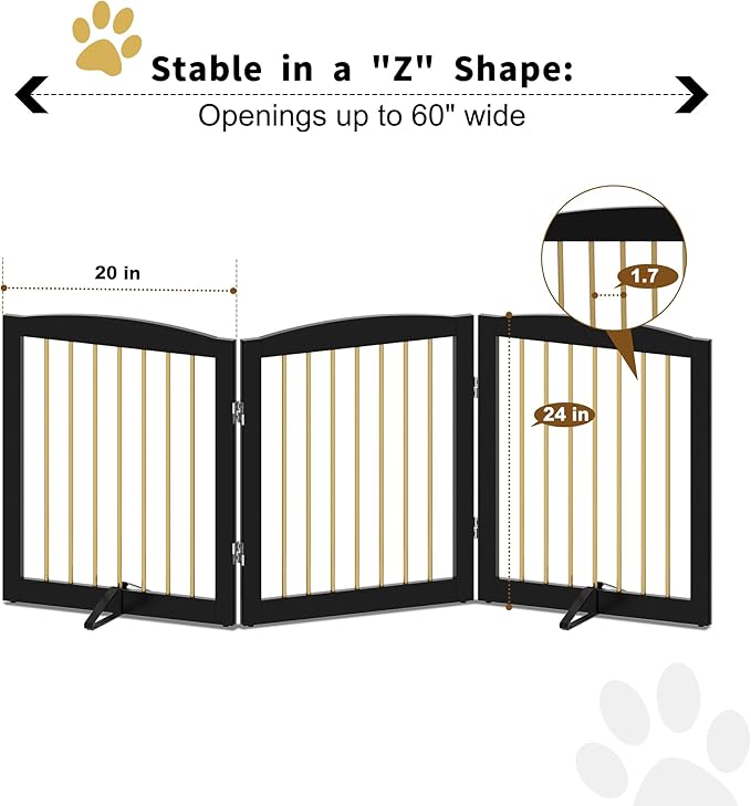 Freestanding Pet Gate for Dogs, Foldable Wooden Dog Gate for House, Indoor Dog Gate for Doorways, Stairs, Step Over Pet Puppy Safety Fence, Support Feet Included,24" Height 3 Panels,Black&Gold-PurrikoPets