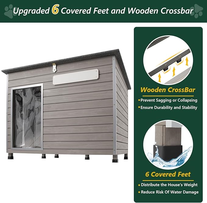 43.3" L Dog House Outdoor for Large Breeds Dogs Anti Chewing Iron Frames Dog Kennel Wooden Pet Houses for Indoor Outdoor with Weatherproof Roof,6 Elevated Feet, Reinforced Bottom Support-PurrikoPets