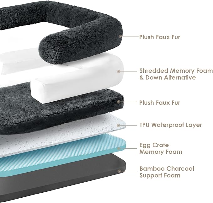 EHEYCIGA Foldable XL Dog Bed, Faux Fur Fluffy Pet Couch Bed for Large Dogs, Orthopedic Calming Memory Foam Big Pet Bed, Washable Soft Pet Sofa Bed with Non-Slip Bottom, Dark Grey, 46"x34"x6.5"-PurrikoPets
