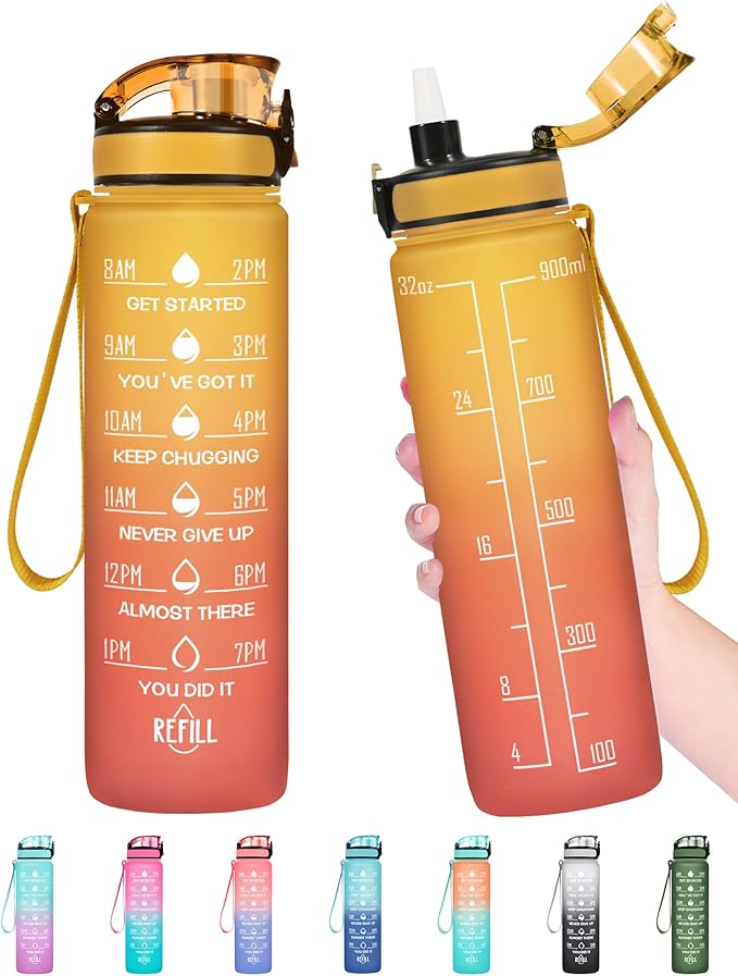 Enerbone Water Bottle, Leakproof BPA & Toxic Free, Motivational Water Bottle with Times to Drink and Straw, Fitness Sports Water Bottle with Strap for Office, Gym, Outdoor Sports-PurrikoPets