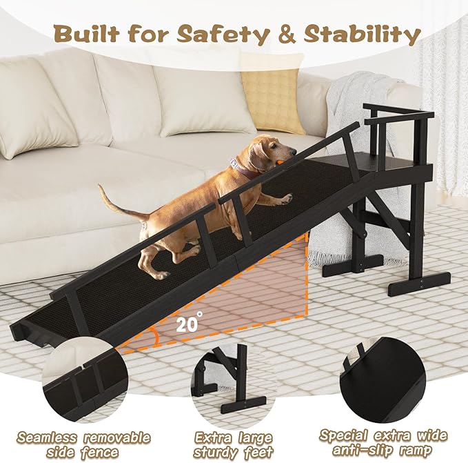 61" Dog Ramp for Bed, Pet Ramp with Removable Side Rail and Non-Slip Surface, Pet Ramp for Small & Large & Senior Dogs with Rest Platform and DIY Glow Strips,Dog Stairs for Couch,Black-PurrikoPets