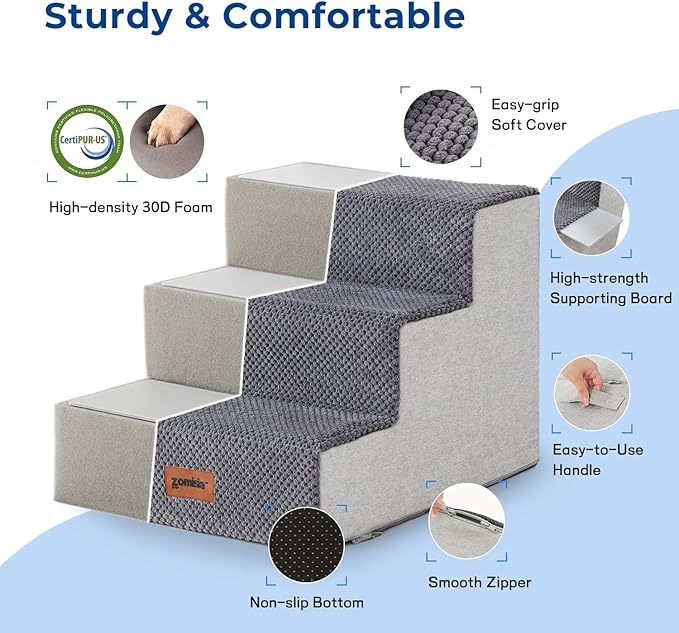 Dog Steps for Couch - Extra Wide Pet Stairs for Small Dogs and Cats, Dog Steps with Non-Slip Bottom Grey 3 Steps, Grey-PurrikoPets
