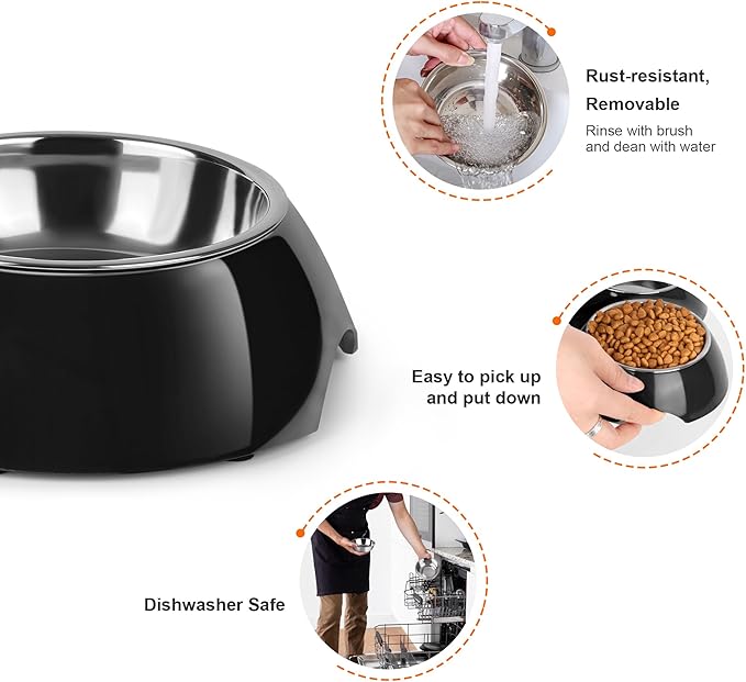 Double Dog Bowls Set – Non-Slip Pet Food & Water Dishes with Resin Stand, Includes Small (1 Cup) & Medium (2 Cups) Bowls – Ideal for Puppies, Cats, and Medium Dogs –Black-PurrikoPets