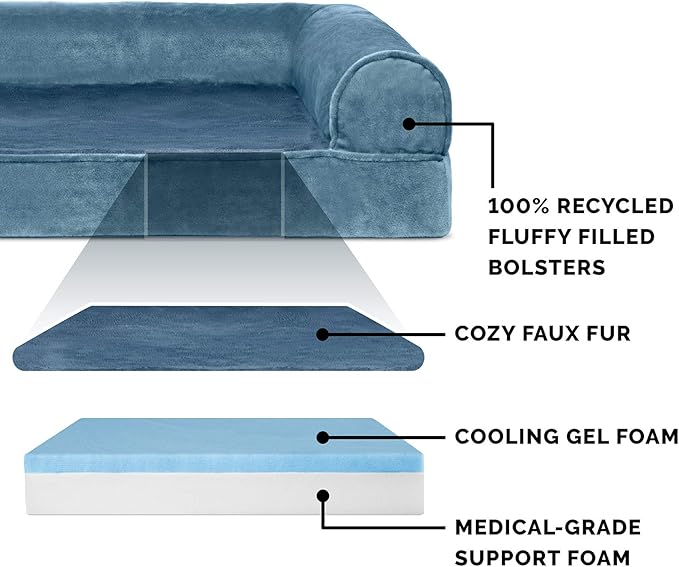 Furhaven Cooling Gel Dog Bed for Medium/Small Dogs w/ Removable Bolsters & Washable Cover, For Dogs Up to 35 lbs - Faux Fur & Velvet Sofa - Harbor Blue, Medium-PurrikoPets