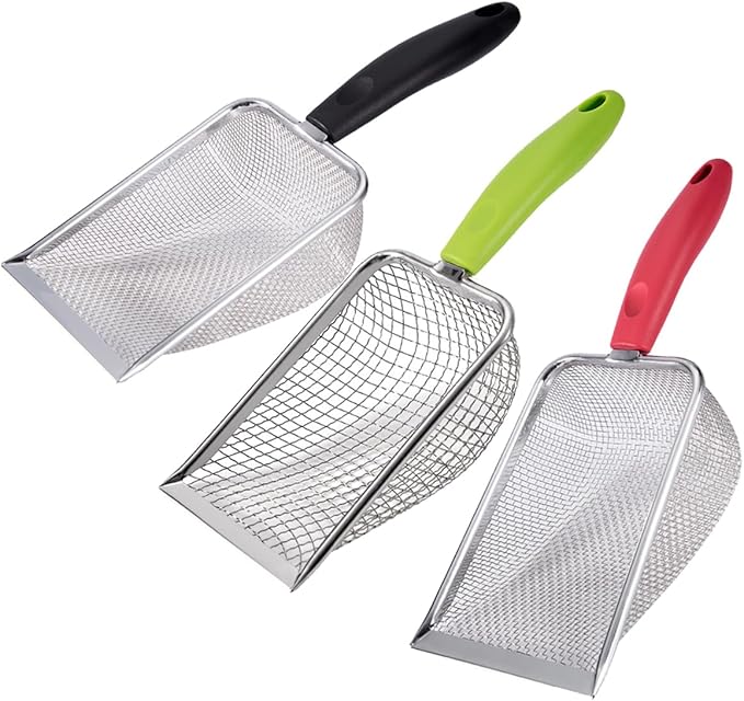 3PCS Cat Litter Scoop, Reptile Stainless Steel Fine Mesh,Litter Cleaner Corner Scoop Sand Sifter (Black-Green-Red)-PurrikoPets