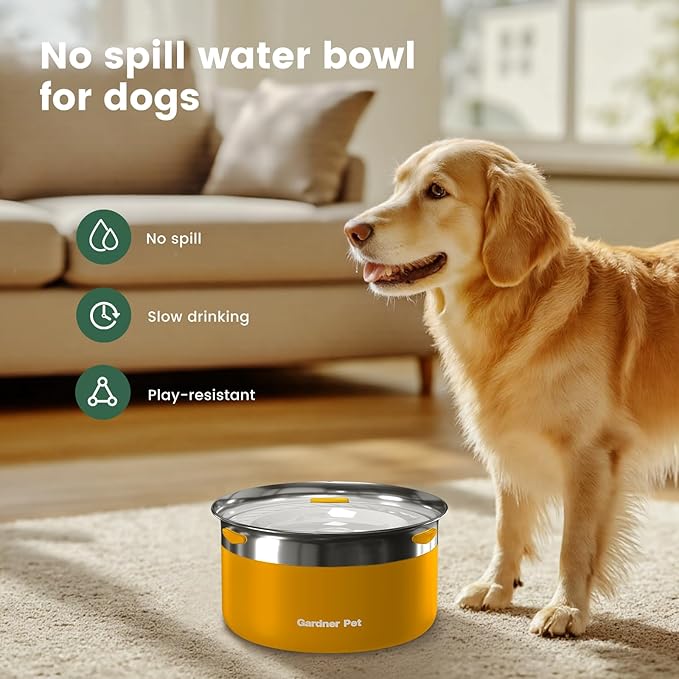 Gardner Pet Dog Bowls 1 Gallon (3.85L) Stainless Steel No Spill Dog Water Bowl, Slow Water Feeder Metal Bowls, Spill Proof Water Dispenser for Large Dogs, Promotes Healthy Hydration-PurrikoPets