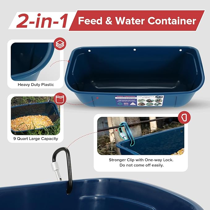Goovilla Large Feed Trough, Hanging or Screw-in Fence Feeder with Clips, 2 Pack 9 Quart Goat Feeder Supplies, Dog Horse Hog Pig Livestock Poultry Plastic Feeder Trough Bucket for Large Animal, Blue-PurrikoPets
