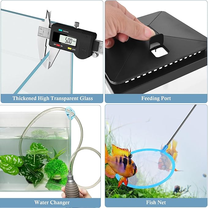 FEDOUR Small Glass Aquarium, 1 Gallon Desktop Fish Tank, Betta Fish Tank, Mini Aquarium Starter Kit with Air Pump LED Light Decoration Water Changer Fish Net (Black)-PurrikoPets