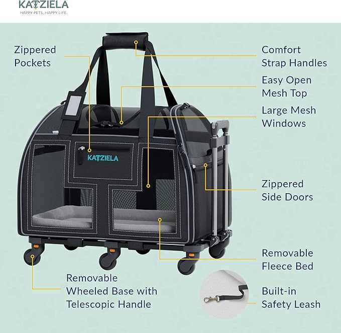 Airline Compliant Pet Carrier - Rolling Portable Travel Carry Crate for Small Dog, Puppy or Cat - Soft Removable Wheeled Design with Mesh Window Sides - Airplane and TSA Compliant- by Katziela-PurrikoPets