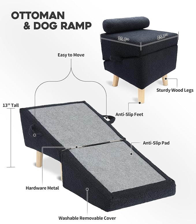 Dog Stairs for Small Dogs and Cats – 2-in-1 Dog Ramp for Bed and Couch, 16.5'' Foldable Wooden Pet Steps, Sturdy Multi-Use Split Ottoman Design, Dark Blue-PurrikoPets