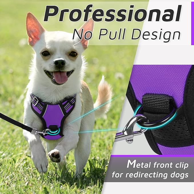 Eagloo Small Dog Harness No Pull, Service Vest with Reflective Strips and Control Handle, Adjustable and Comfortable for Easy Walking, No Choke Pet Harness with 2 Metal Rings, Purple, XS-PurrikoPets