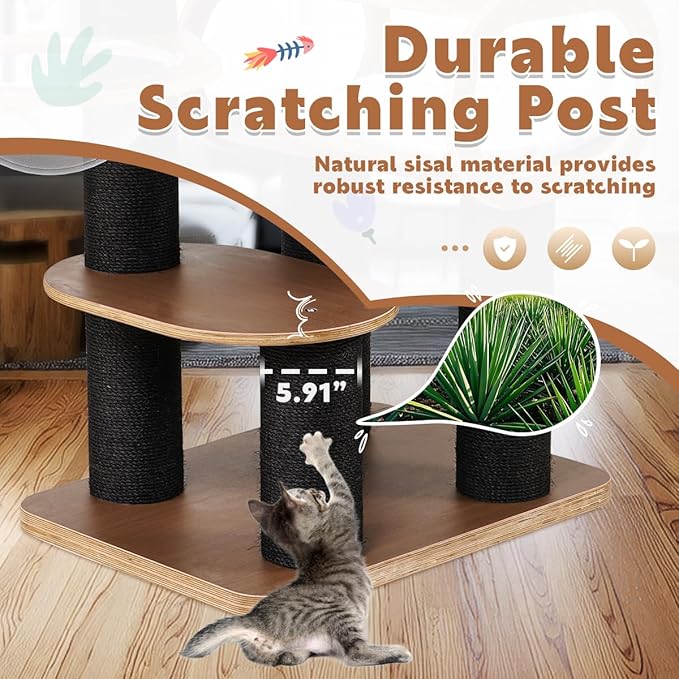 63'' Modern Cat Tree, Black Cat Tower with Scratching Post, Wooden Cat Tree for Indoor Cats Large Adult, Luxury Cat Furniture, Heavy Duty Activity Center with Transparent Bowl and Semi-Closed Condo-PurrikoPets