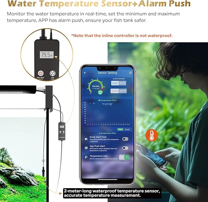 GLOWRIUM Smart Aquarium Light, Bluetooth + WiFi Dual Control Freshwater Fish Tank Light with App, Multi-preset Spectrum, Brightness Adjustable, Anti-Drop, Real Time Water Temperature Sensor (36-48 in)-PurrikoPets