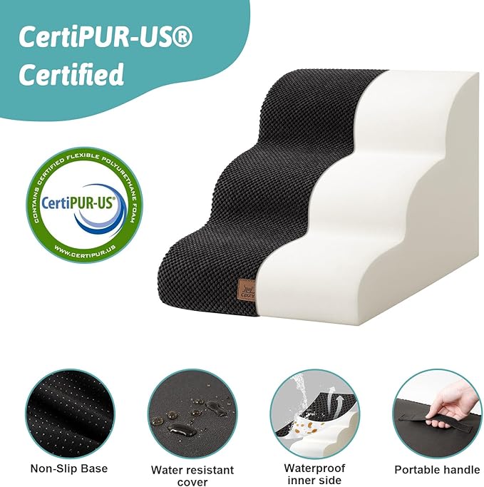 Dog Stairs for Small Dogs 15.7" H, Curved Dog Step for Puppy, Older Cat, Medium Pet Ramp for Sofa, Couch or Bed, Ladder with High Density Foam, 15.7x22.4x15.7 inch, 3 Step, Black-PurrikoPets