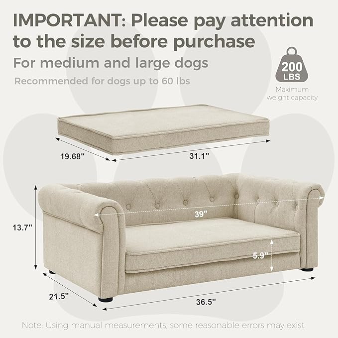 Dog Sofa Couch for Medium to Large Dogs, 31" Memory Foam Dog Couch with Washable Fabric, Removable Cushion, Sofa Bed for Medium and Large Dogs, Beige-PurrikoPets