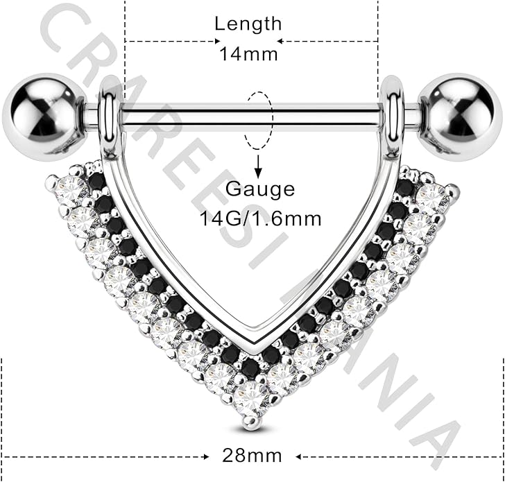 CM Crareesi Mania Teardrop Nipple Shield Rings 316L Stainless Steel Nipple Piercing Jewelry 14g Nipple Retainer Barbells Body Piercing for Women 2pcs Double Clear CZ Paved Nipple Bars