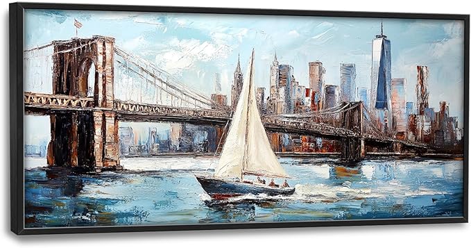 Extra Large Sailboat Framed Wall Art for Living Room,Oversized New York Brooklyn Bridge Pictures Wall Decor,Cityscape Canvas Print Painting Modern Artwork Bedroom Office Bathroom 60L" x 30W"-PurrikoPets