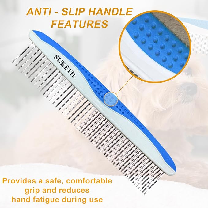 Dog Grooming Comb for Matting, Dog combs for grooming matting, Dematting Comb for Dogs and Cat with Stainless Steel Teeth & Non-Slip Handle (Style 1- Blue)-PurrikoPets