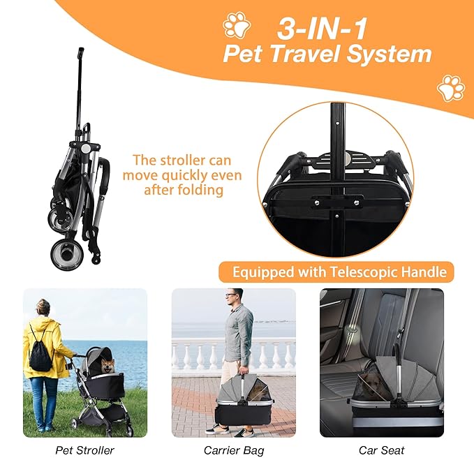 Dog Stroller for Small Medium Dogs, 3 in 1 Folding Pet Stroller Up to 33 lbs, 4 Wheels Pet Strolling Cart with Zipperless Entry, Cat Dog Travel Carrier with Telescopic Handle and Storage Basket-PurrikoPets